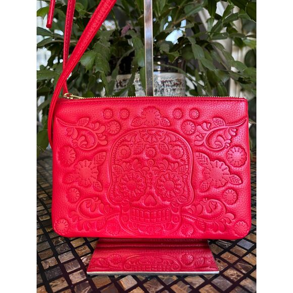 Loungefly Sugar Skull Red Crossbody & Clutch Combo Pebbled Leather EUC - Picture 11 of 11